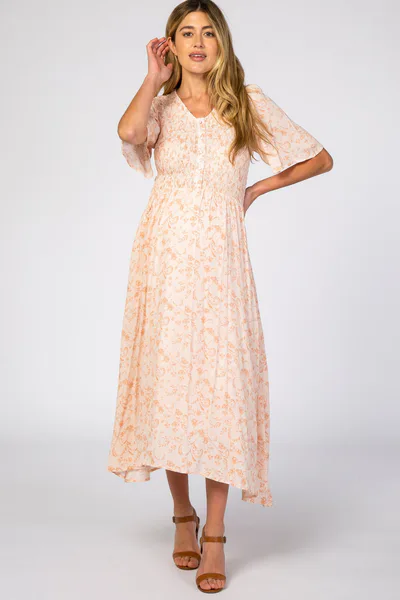 PinkBlush Peach Floral Button Front Smocked Maternity Midi Dress