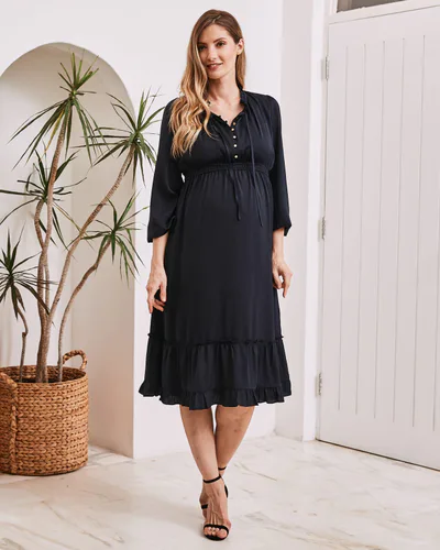 Angel Maternity Stelle Baby Shower Button Front Midi Dress in Navy