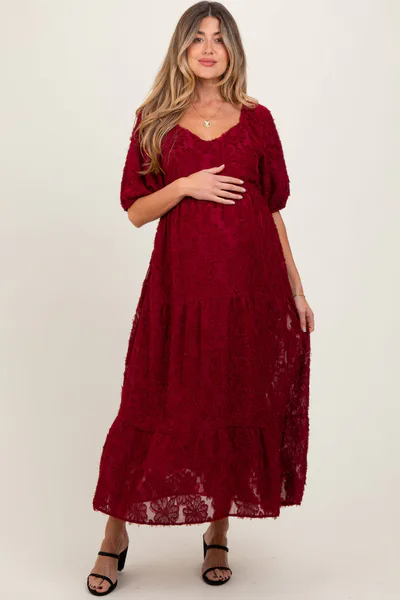 PinkBlush Burgundy Textured Tiered Maternity Midi Dress