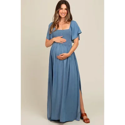 Target Pinkblush Light Blue Chambray Smocked Maternity Maxi Dress Small