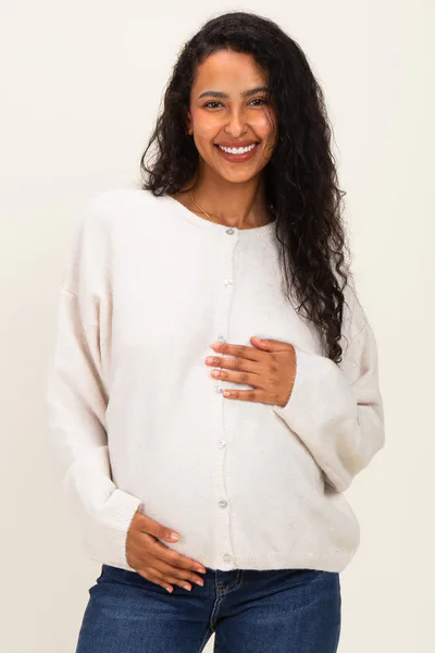 PinkBlush Ivory Classic Crew Neck Maternity Button Cardigan