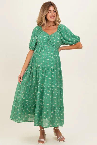 PinkBlush Green Printed Sweetheart Neckline Tiered Maternity Dress