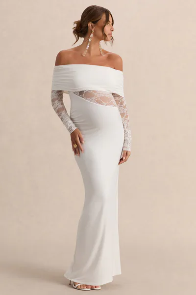 Club L London Artemisia | White Bardot-Neck Maternity Maxi Dress With Lace Detailing