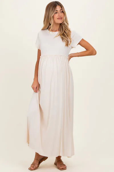 PinkBlush Soft White Ruffle Trim Maternity Maxi Dress