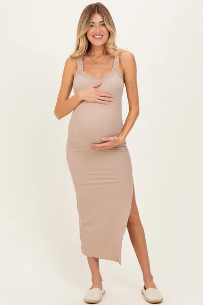 PinkBlush Beige Lace Trim Side Slit Maternity Tank Dress