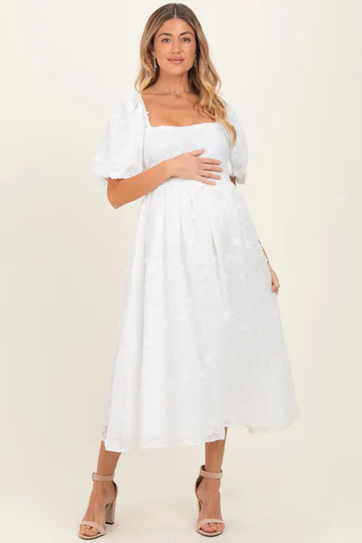 PinkBlush Ivory Embroidered Floral Puff Sleeve Maternity Midi Dress