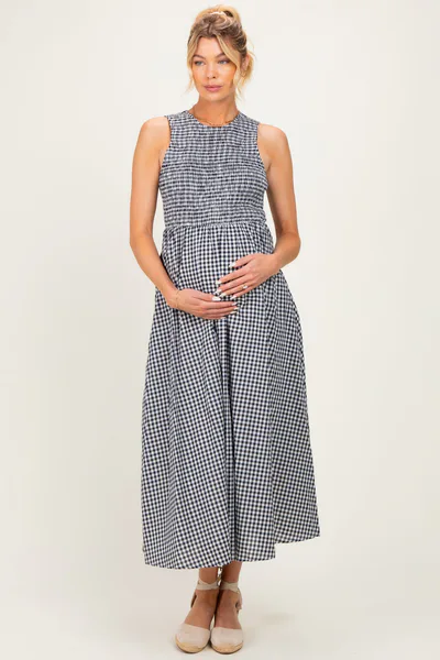 PinkBlush Navy Gingham Smocked Cutout Tie Back Maternity Maxi Dress