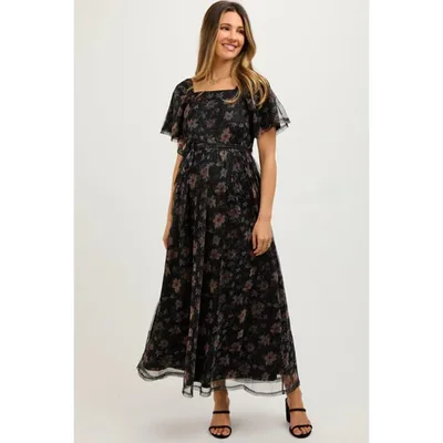 Target Pinkblush Black Floral Waist Tie Maternity Midi Dress Medium
