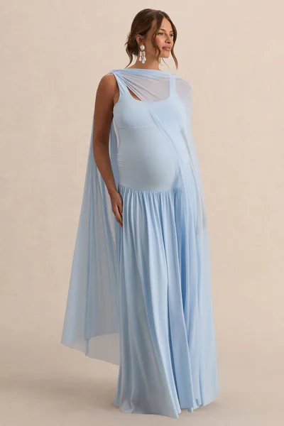 Club L London Louella | Light Blue Round-Neck Maternity Maxi Dress With Sheer Cape
