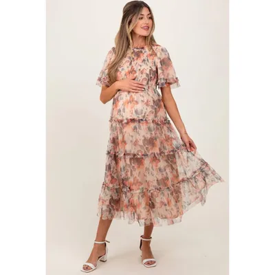 Target Pinkblush Peach Floral Mesh Smocked Maternity Midi Dress Large