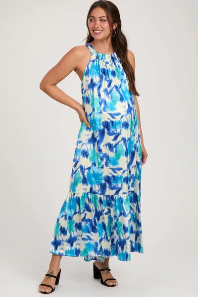 PinkBlush Blue Watercolor Print Satin Maternity Midi Dress