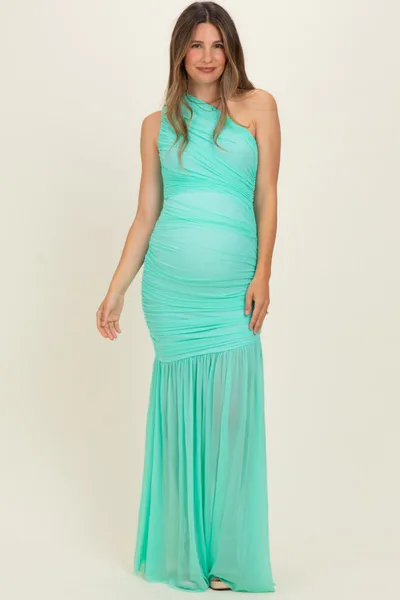 PinkBlush Jelly Mint Ruched Mesh One Shoulder Maternity Maxi Dress