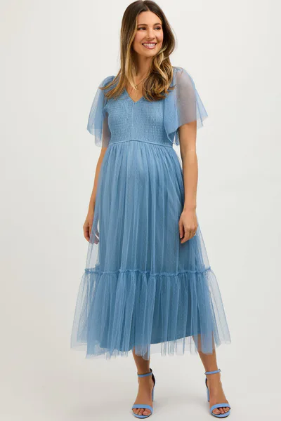 PinkBlush Blue Dotted Tulle Smocked Maternity Midi Dress
