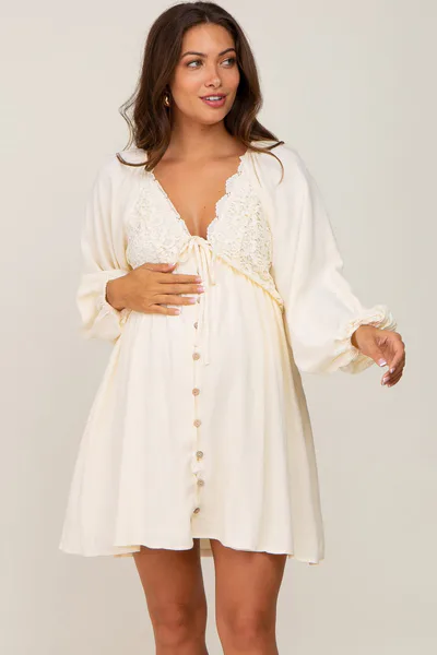 PinkBlush Beige Crochet Lace Button Front Maternity Dress