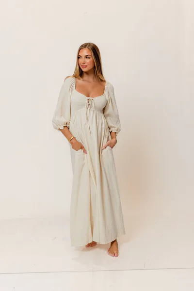 Worth Collective Cecilia 100% Cotton Smocked Maxi Dress in Muted Pale Pink Plaid (Lined) - Bump Friendly