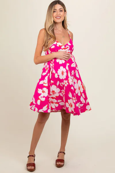 PinkBlush Fuchsia Floral Wrap Top Accent Maternity Dress