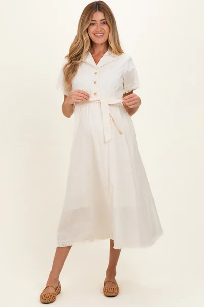PinkBlush Beige Button Down Frayed Maternity Midi Dress