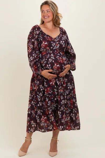 PinkBlush Brown Floral V-Neck Bubble Sleeve Maternity Maxi Dress