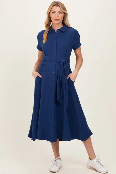PinkBlush Navy Belted Maxi Maternity Shirt Dress