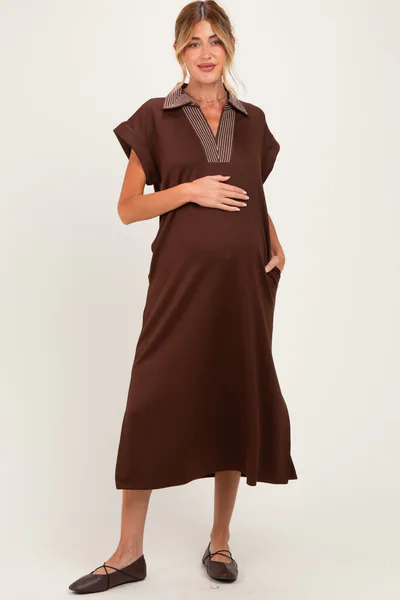 PinkBlush Brown Striped Collared Side Slit Maternity Midi Dress