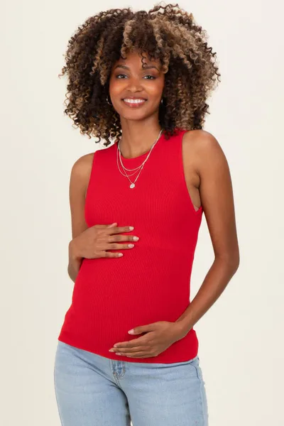 PinkBlush Red Ribbed Knit Maternity Tank Top