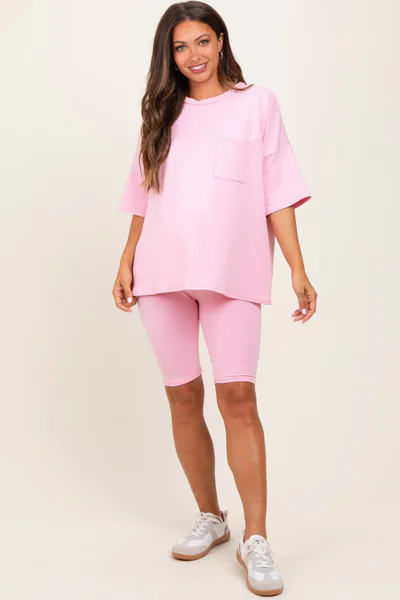 PinkBlush Light Pink Oversized Short Sleeve Biker Short Maternity Set