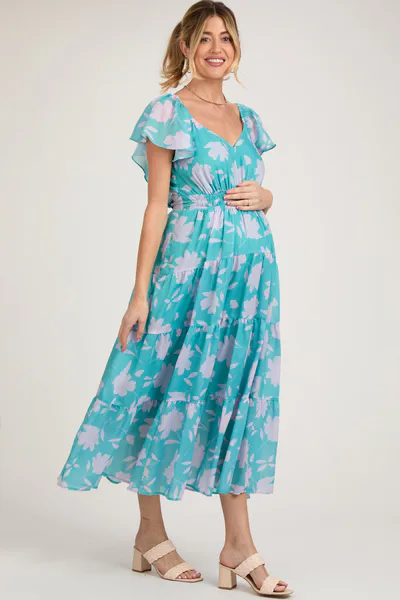 PinkBlush Blue Floral Flutter Sleeve Tiered Maternity Maxi Dress