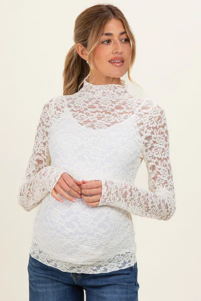 PinkBlush Ivory High Neck Fitted Sheer Lace Maternity Top