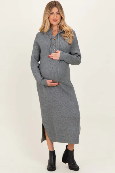 PinkBlush Grey Hooded Sweater Maternity Midi Dress