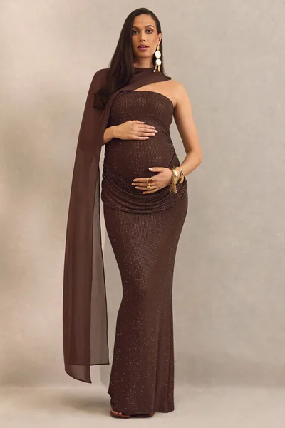 Club L London Ottoline | Dark Brown Hotfix Asymmetric-Neck Maternity Maxi Dress With Sheer Cape Detail