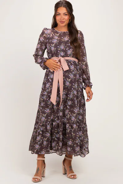 PinkBlush Brown Floral Sash Tiered Maternity Maxi Dress