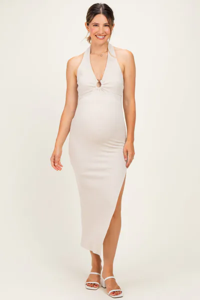 PinkBlush Cream Knit Halter Gold Ring Maternity Maxi Dress