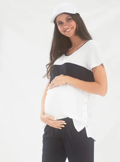 Angel Maternity Maternity and Nursing T-Shirt in Navy and White with Side Zip