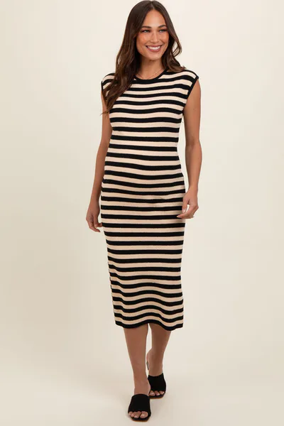 PinkBlush Black Striped Sleeveless Maternity Midi Dress