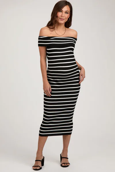 PinkBlush Black Striped Ribbed Off Shoulder Maternity Midi Dress