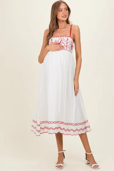 PinkBlush Red Floral Embroidery Scalloped Midi Dress