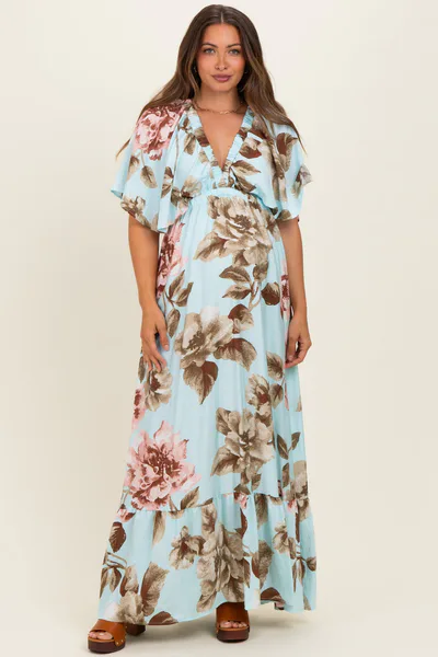 PinkBlush Mint Floral V-Neck Maternity Maxi Dress