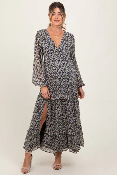 PinkBlush Black Floral Chiffon V-Neck Ruffle Tiered Maternity Maxi Dress