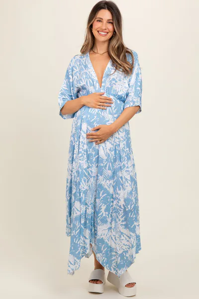 PinkBlush Blue Printed V-Neck Draped Maternity Maxi Dress