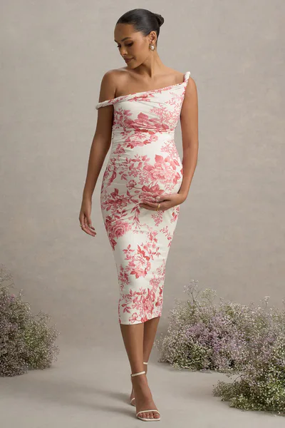 Club L London Salome | Pink Floral Print Twisted Asymmetric Maternity Midi Dress