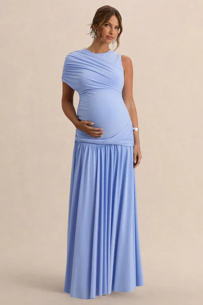Club L London Naida | Light Blue Round-Neck Maternity Maxi Dress With Draped Detailing