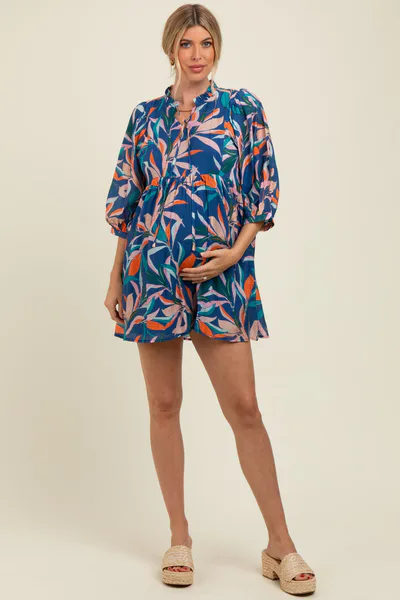 PinkBlush Navy Leaf Print Front Tie 3/4 Sleeve Maternity Dress