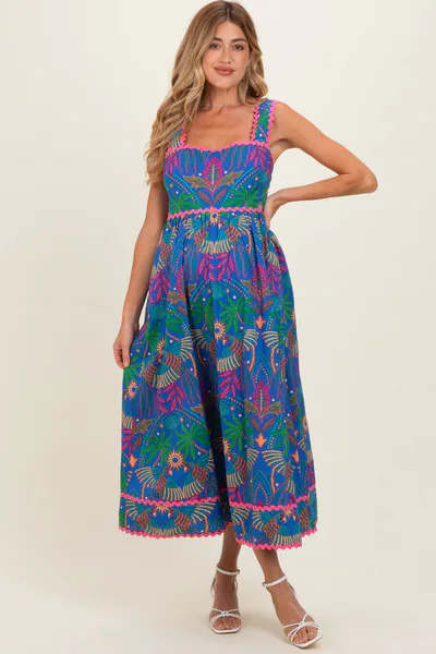 PinkBlush Navy Tropical Embroidery Maternity Midi Dress