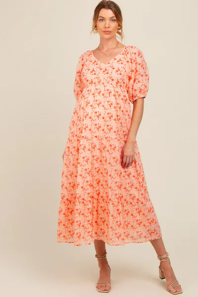 PinkBlush Red Floral V-Neck Tiered Maternity Midi Dress
