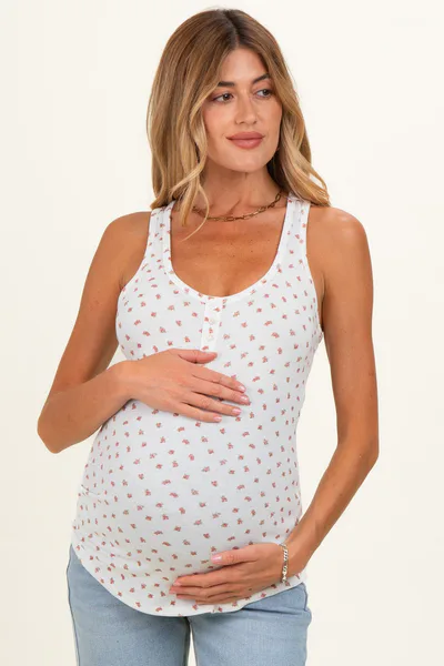 PinkBlush Red Floral Pointelle Knit Button Maternity Tank Top