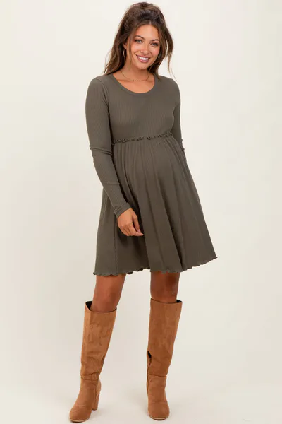 PinkBlush Olive Solid Ribbed Long Sleeve Crewneck Shirring Maternity Mini Dress