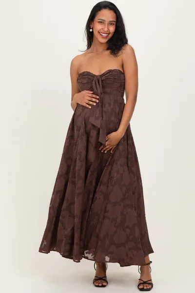 PinkBlush Brown Floral Jacquard Strapless Open Back Maternity Maxi Dress