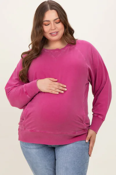 PinkBlush Fuchsia Vintage Wash French Terry Maternity Plus Pullover
