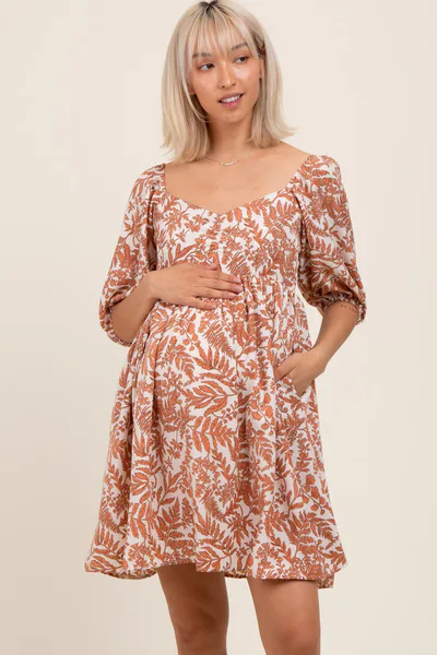 PinkBlush Peach Floral Puff Sleeve Maternity Dress