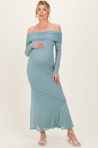 PinkBlush Blue Mesh Overlay Off Shoulder Long Sleeve Maternity Midi Dress